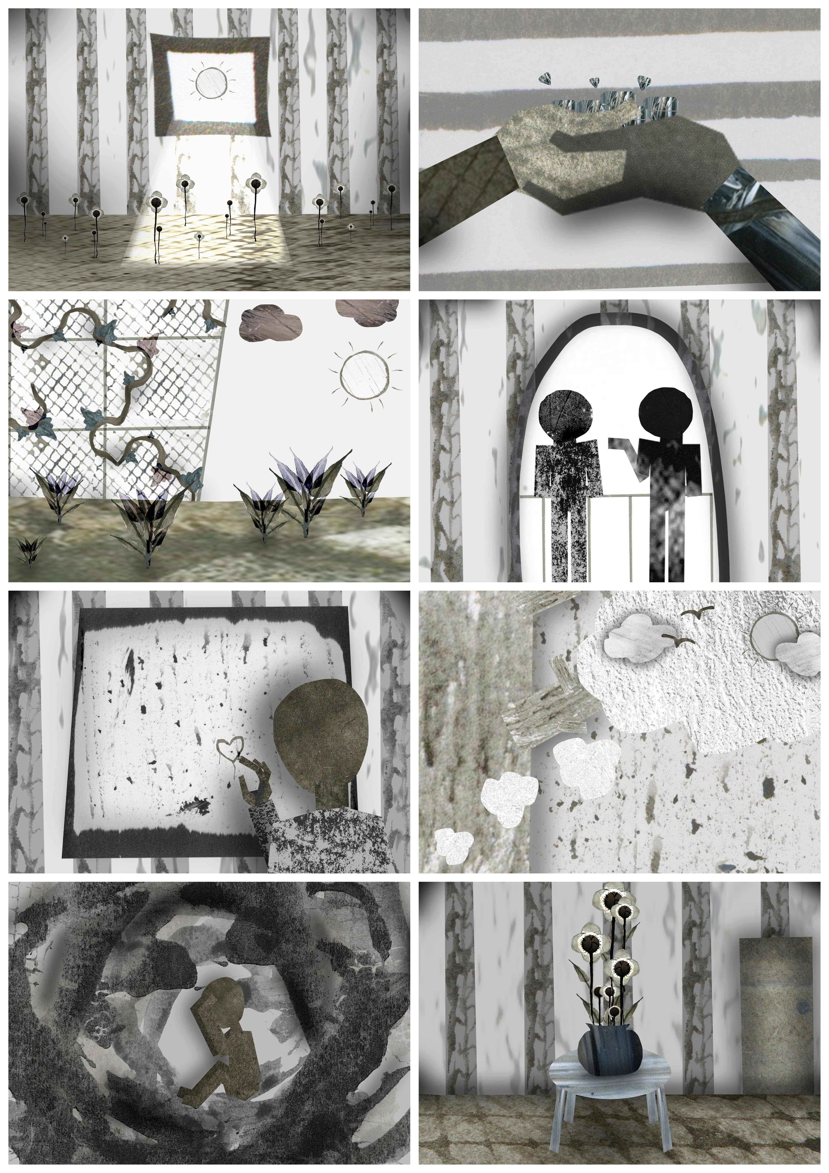 Surrealist 3D render contact sheet
